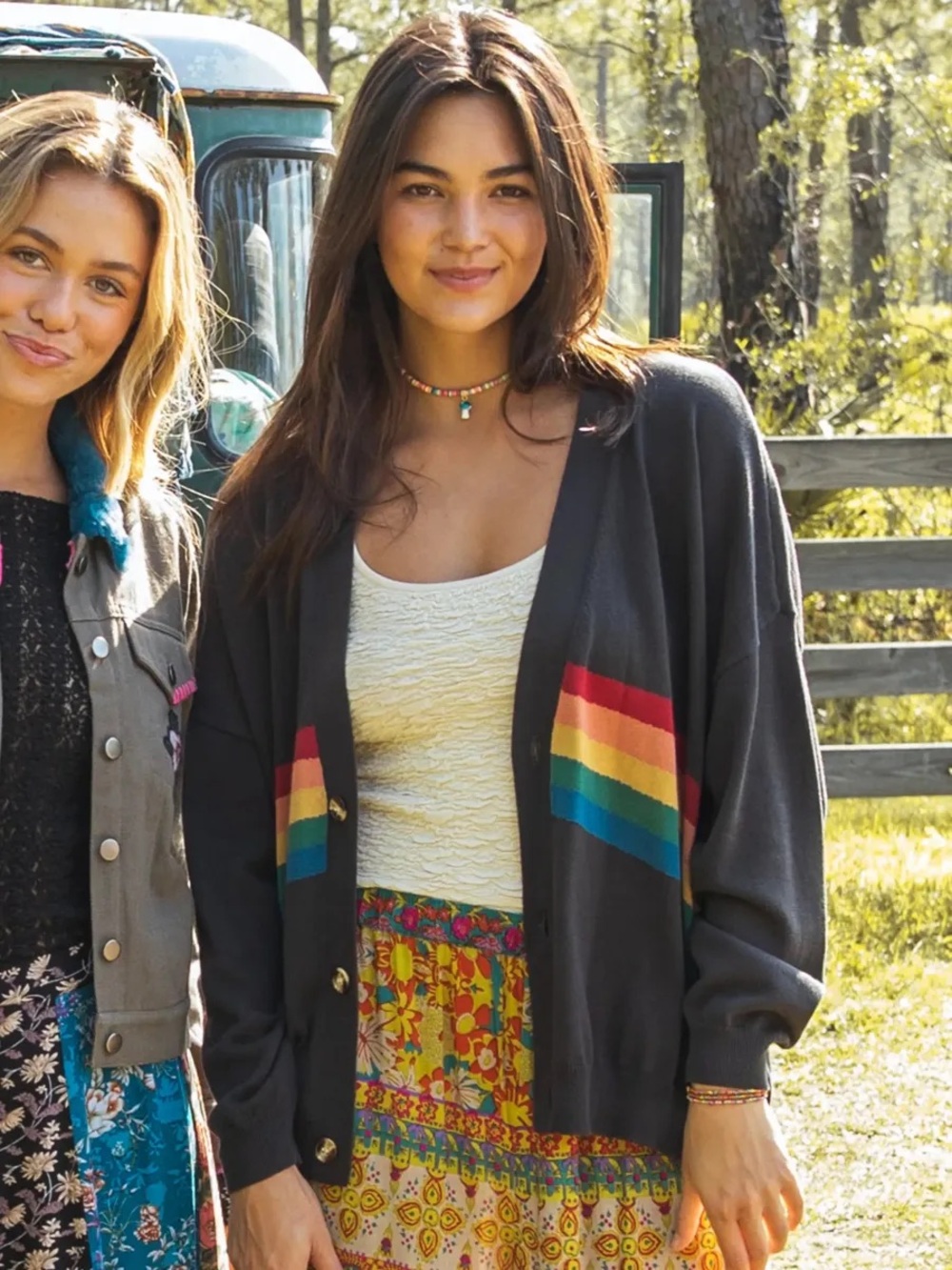 NATURAL LIFE Charcoal Cardigan with Rainbow Stripes
